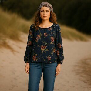 Floral Boho Semi-sheer Flowy Peasant Blouse Size Med